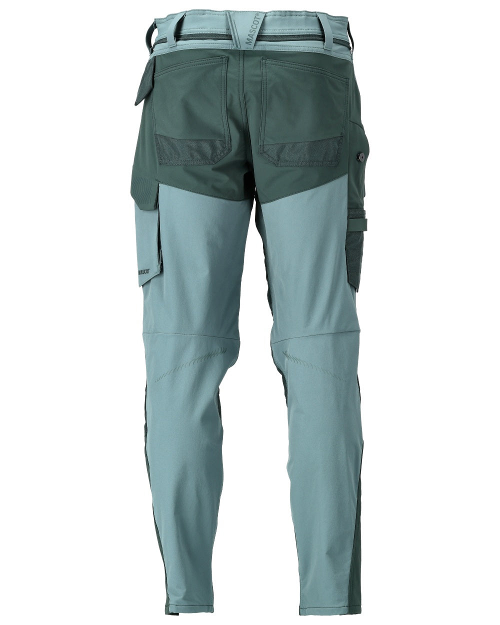 Light Forest Green Coloured Mascot Workwear Mens Customized Ultimate Stretch Trousers With Kneepad Pockets on white background 