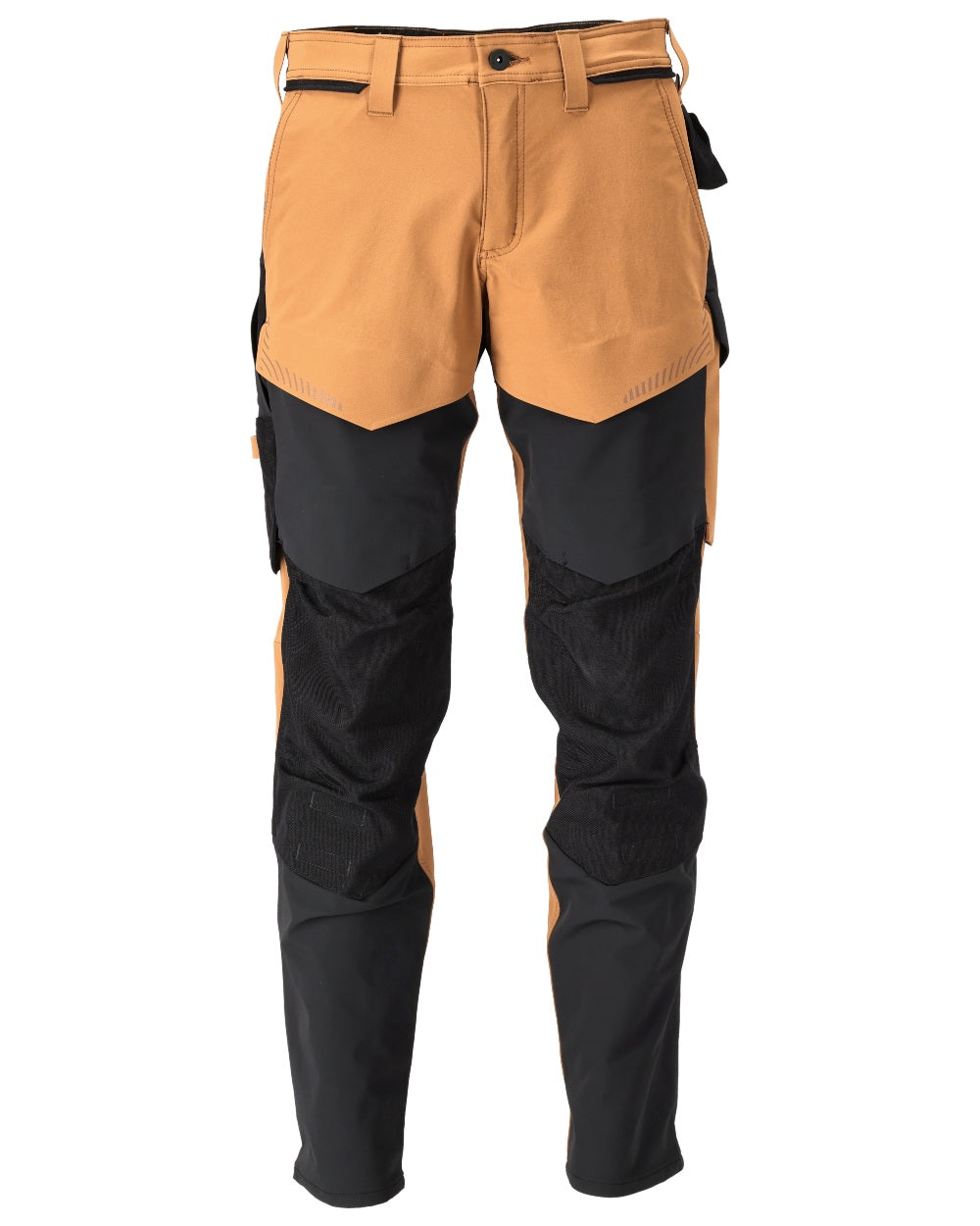Nut Brown Black Coloured Mascot Workwear Mens Customized Ultimate Stretch Trousers With Kneepad Pockets on white background 
