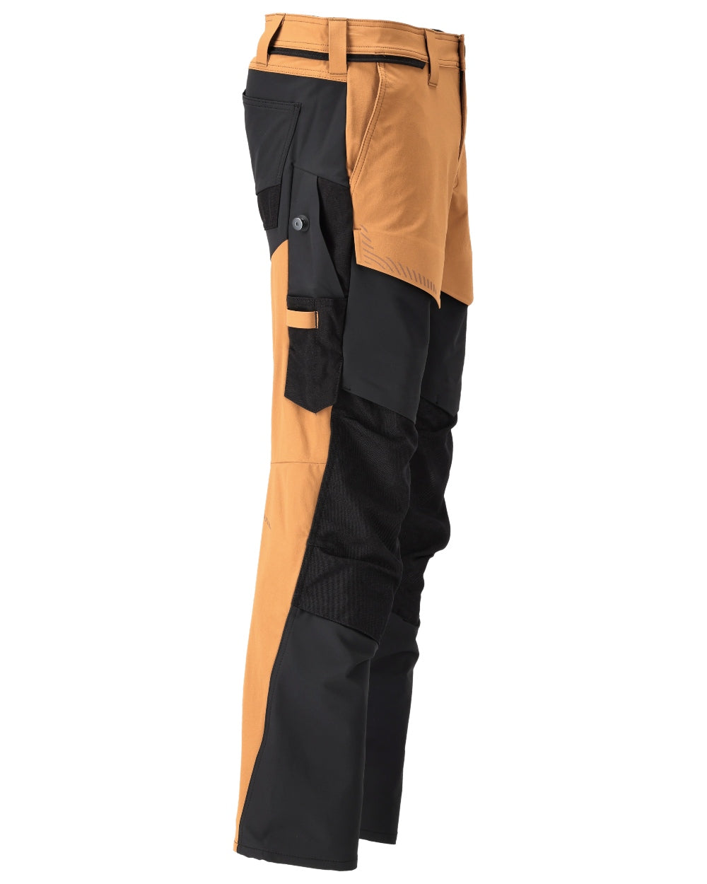 Nut Brown Black Coloured Mascot Workwear Mens Customized Ultimate Stretch Trousers With Kneepad Pockets on white background 