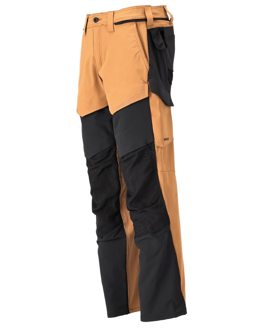Nut Brown Black Coloured Mascot Workwear Mens Customized Ultimate Stretch Trousers With Kneepad Pockets on white background 