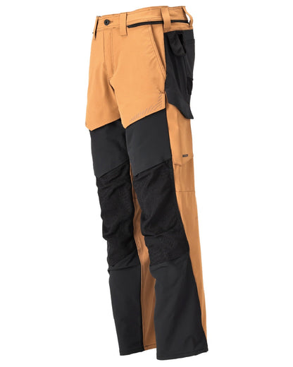 Nut Brown Black Coloured Mascot Workwear Mens Customized Ultimate Stretch Trousers With Kneepad Pockets on white background 