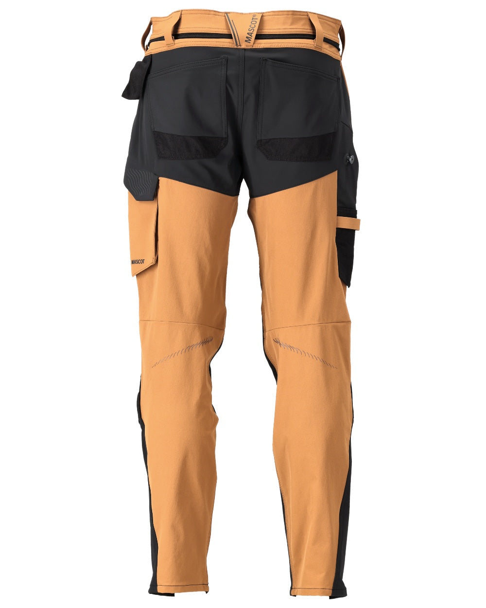Nut Brown Black Coloured Mascot Workwear Mens Customized Ultimate Stretch Trousers With Kneepad Pockets on white background 