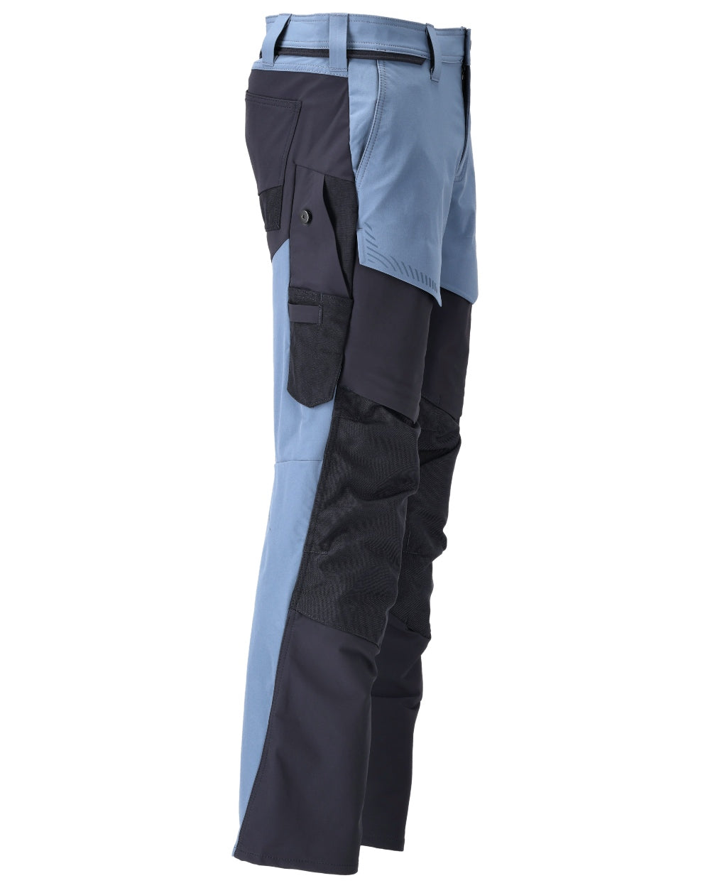 Stone Blue Dark Navy Coloured Mascot Workwear Mens Customized Ultimate Stretch Trousers With Kneepad Pockets on white background 