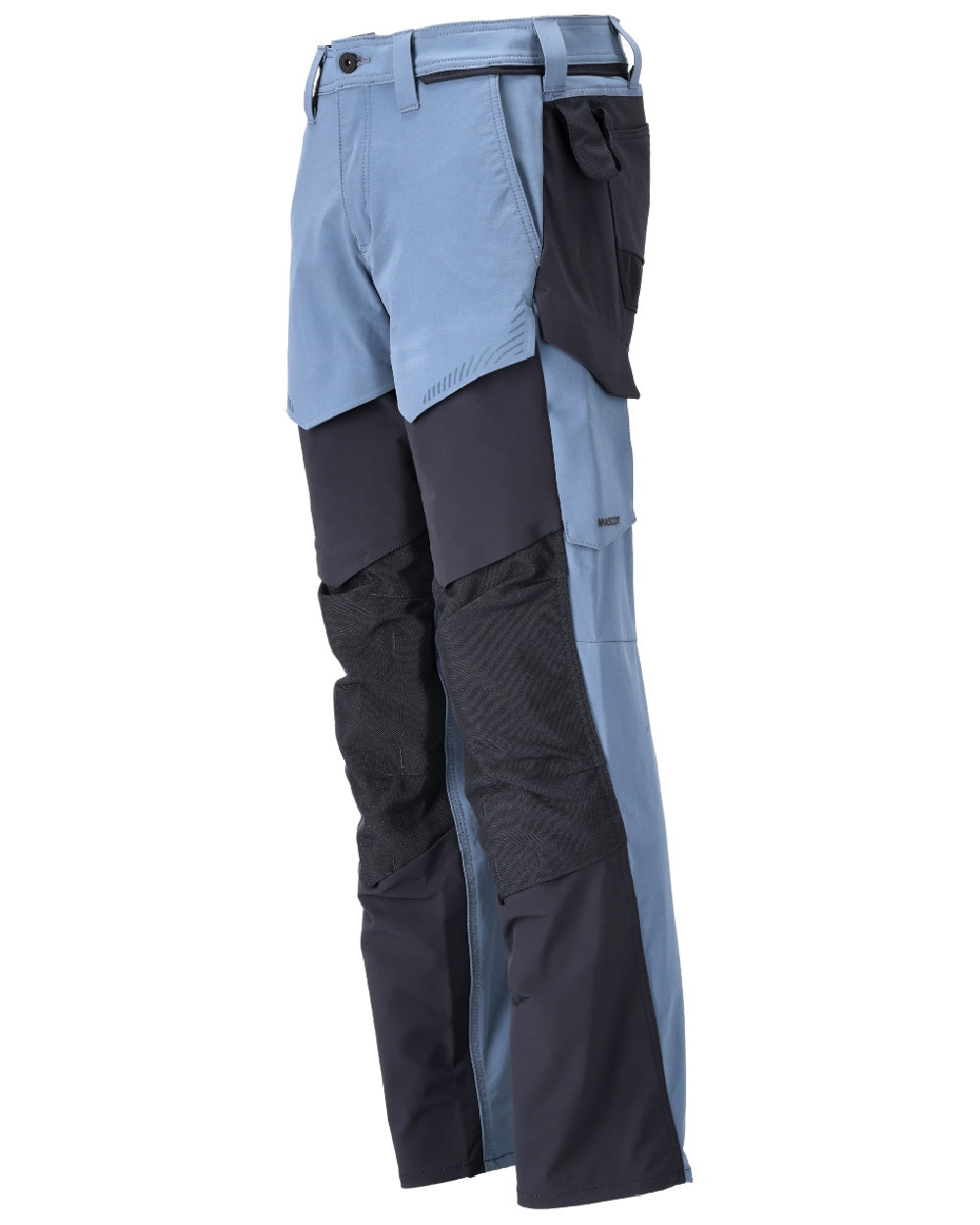 Stone Blue Dark Navy Coloured Mascot Workwear Mens Customized Ultimate Stretch Trousers With Kneepad Pockets on white background 