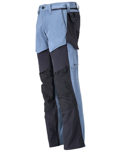 Stone Blue Dark Navy Coloured Mascot Workwear Mens Customized Ultimate Stretch Trousers With Kneepad Pockets on white background 