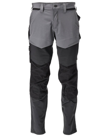 Stone Grey Black Coloured Mascot Workwear Mens Customized Ultimate Stretch Trousers With Kneepad Pockets on white background 