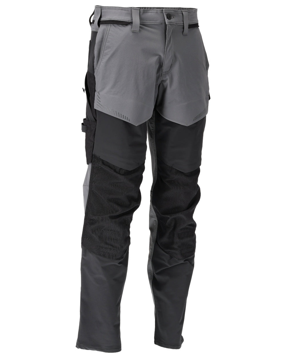 Stone Grey Black Coloured Mascot Workwear Mens Customized Ultimate Stretch Trousers With Kneepad Pockets on white background 