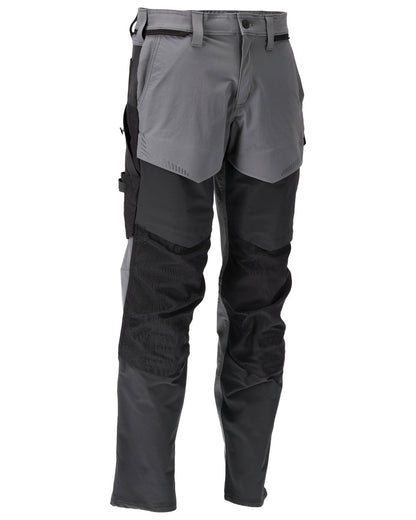 Stone Grey Black Coloured Mascot Workwear Mens Customized Ultimate Stretch Trousers With Kneepad Pockets on white background 