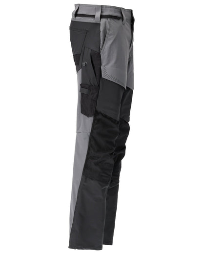 Stone Grey Black Coloured Mascot Workwear Mens Customized Ultimate Stretch Trousers With Kneepad Pockets on white background 