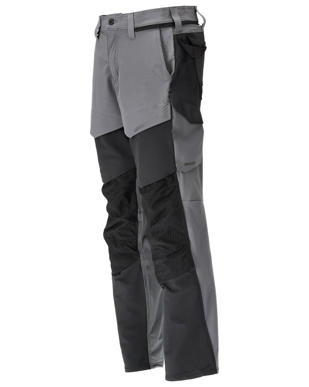 Stone Grey Black Coloured Mascot Workwear Mens Customized Ultimate Stretch Trousers With Kneepad Pockets on white background 