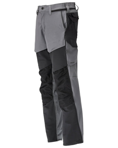 Stone Grey Black Coloured Mascot Workwear Mens Customized Ultimate Stretch Trousers With Kneepad Pockets on white background 