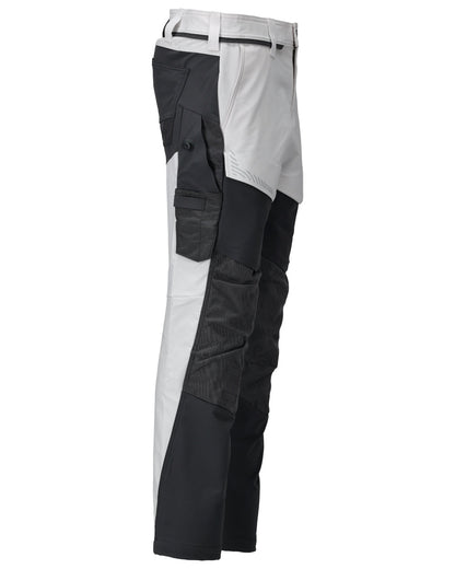 White Stone Grey Coloured Mascot Workwear Mens Customized Ultimate Stretch Trousers With Kneepad Pockets on white background 