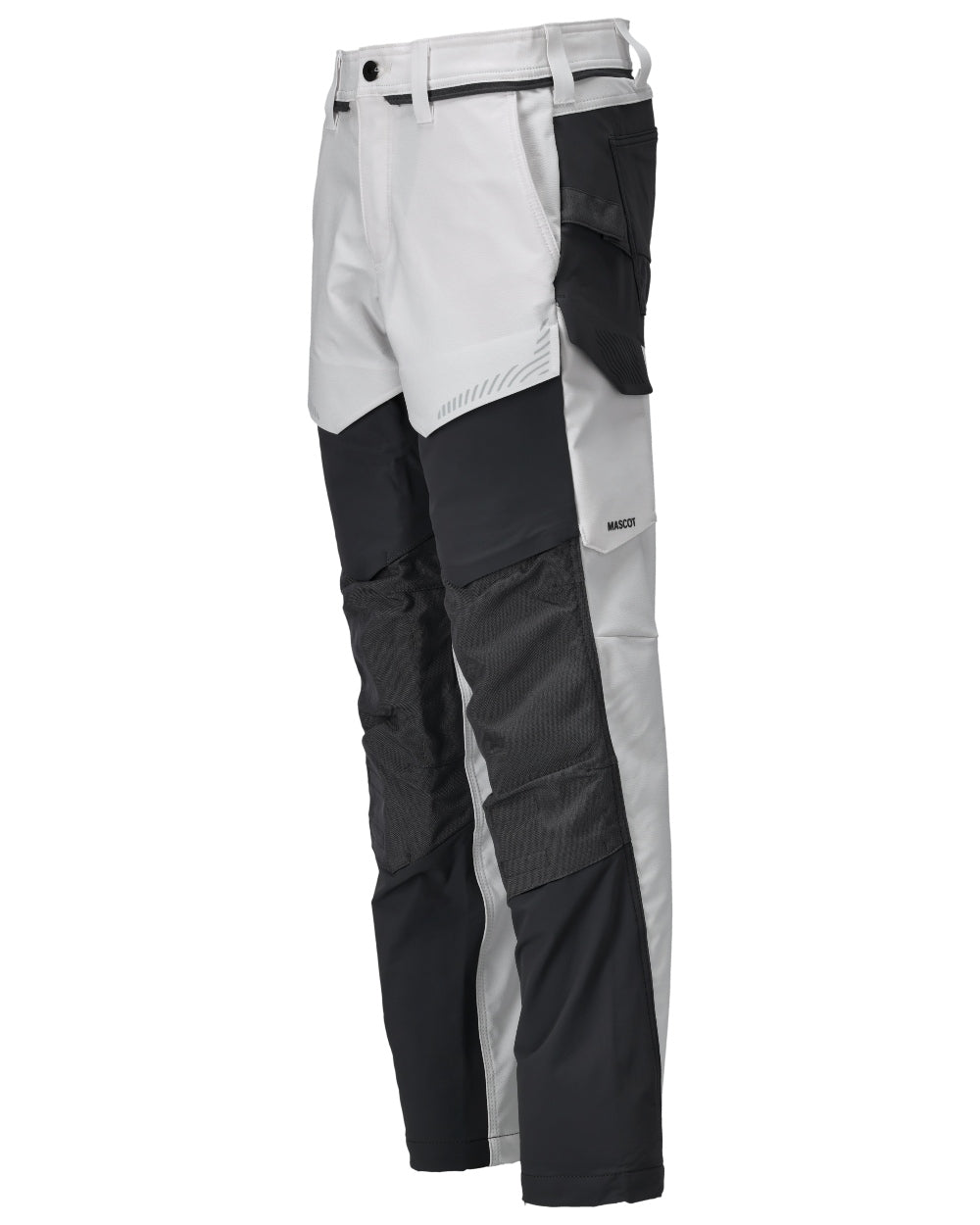 White Stone Grey Coloured Mascot Workwear Mens Customized Ultimate Stretch Trousers With Kneepad Pockets on white background 