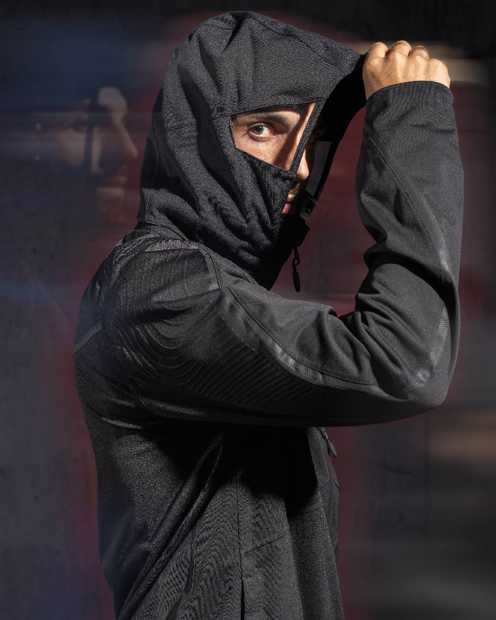 Black Coloured Mascot Workwear Mens Customized Ultimate Stretch Winter Jacket on studio background 