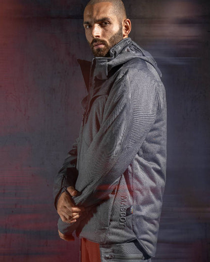 Stone Grey Coloured Mascot Workwear Mens Customized Ultimate Stretch Winter Jacket on studio background 