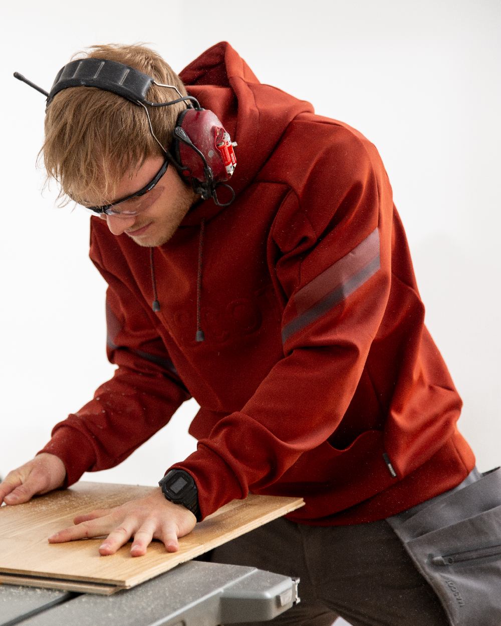 Autumn Red Coloured Mascot Workwear Mens Customized Water Repellent Fleece Hoodie on construction background 