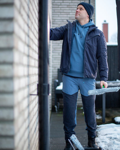 Stone Blue Coloured Mascot Workwear Mens Customized Water Repellent Fleece Hoodie on construction background 