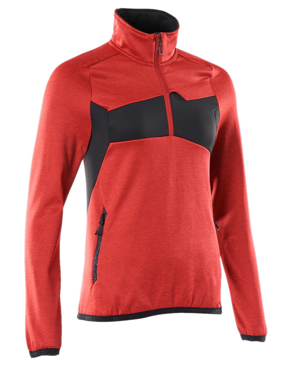 Traffic Red Black Coloured Mascot Workwear Womens Accelerate Fleece Jumper With Half Zip on white background 