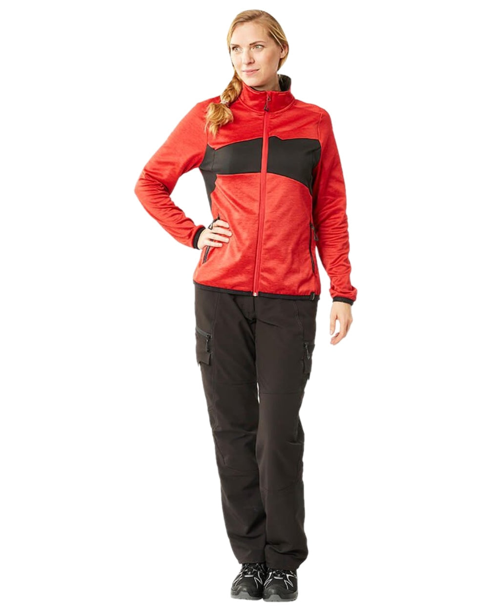Traffic Red Black Coloured Mascot Workwear Womens Accelerate Fleece Jumper With Zipper on white background 