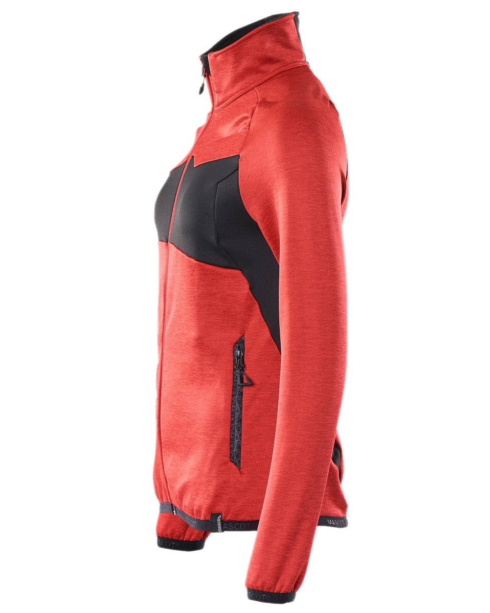 Traffic Red Black Coloured Mascot Workwear Womens Accelerate Fleece Jumper With Zipper on white background 