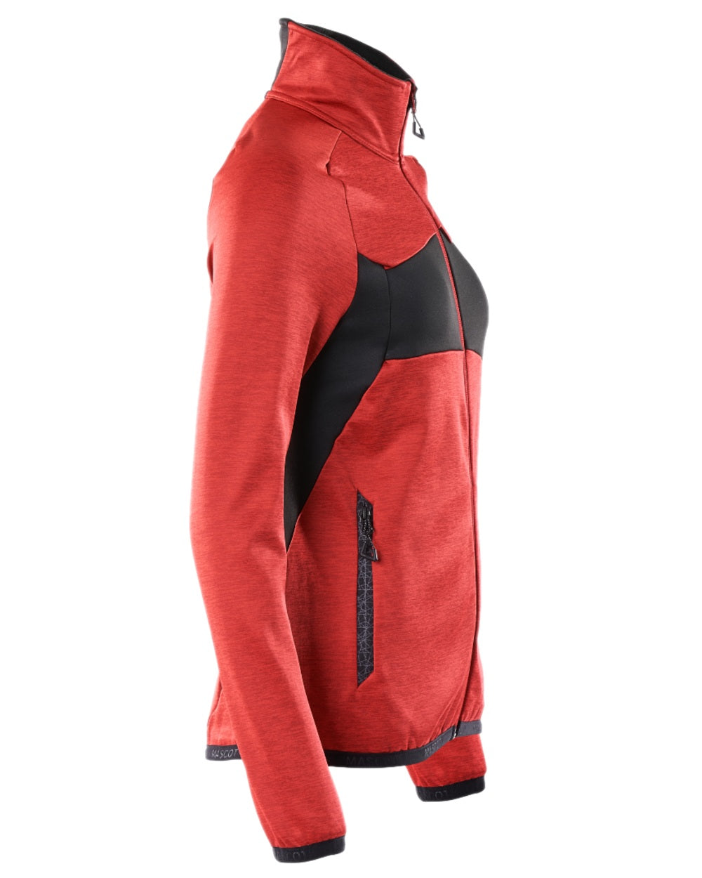 Traffic Red Black Coloured Mascot Workwear Womens Accelerate Fleece Jumper With Zipper on white background 