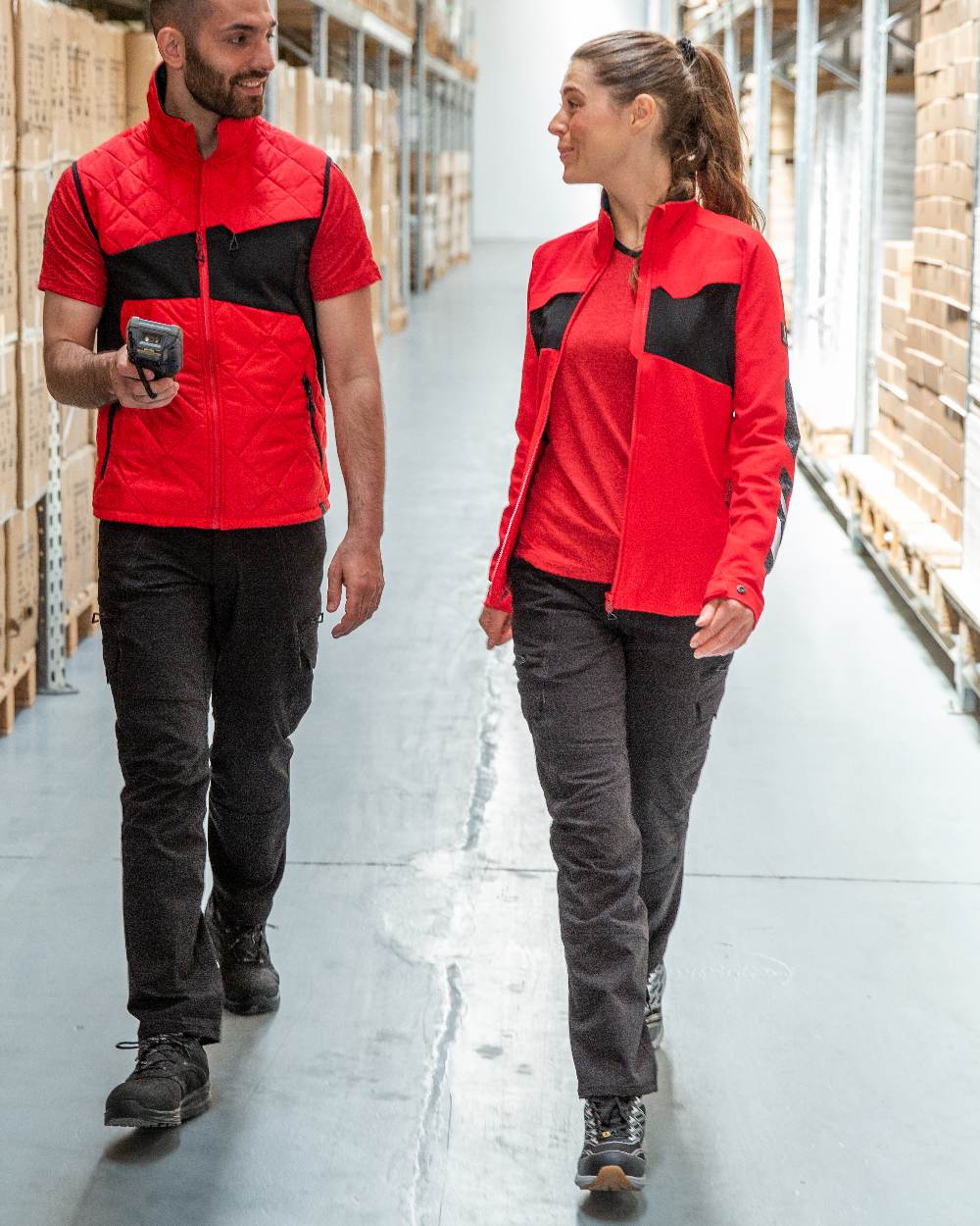 Traffic Red Black Coloured Mascot Workwear Womens Accelerate Jacket on warehouse background 