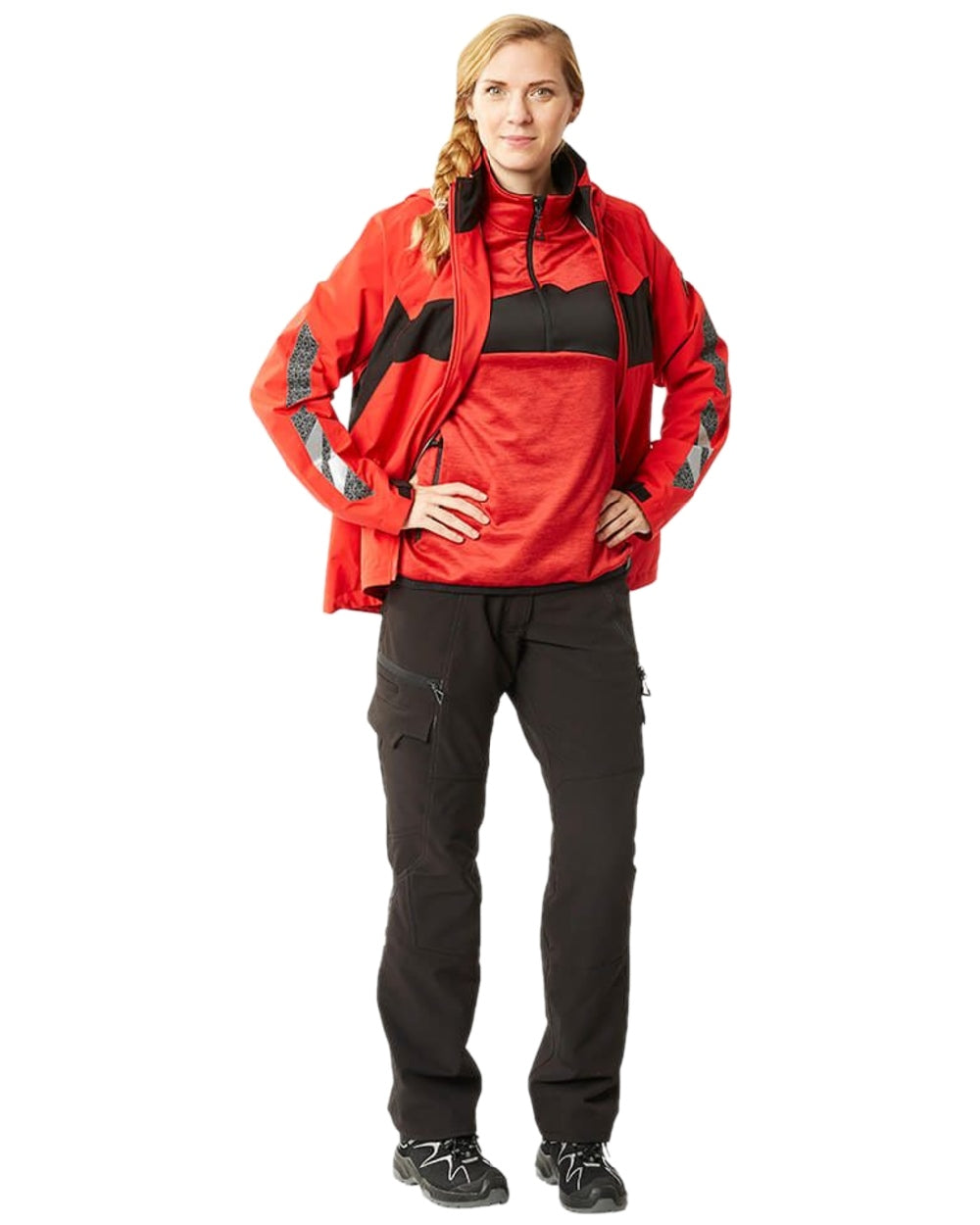 Traffic Red Black Coloured Mascot Workwear Womens Accelerate Lightweight Outer Shell Jacket on white background 