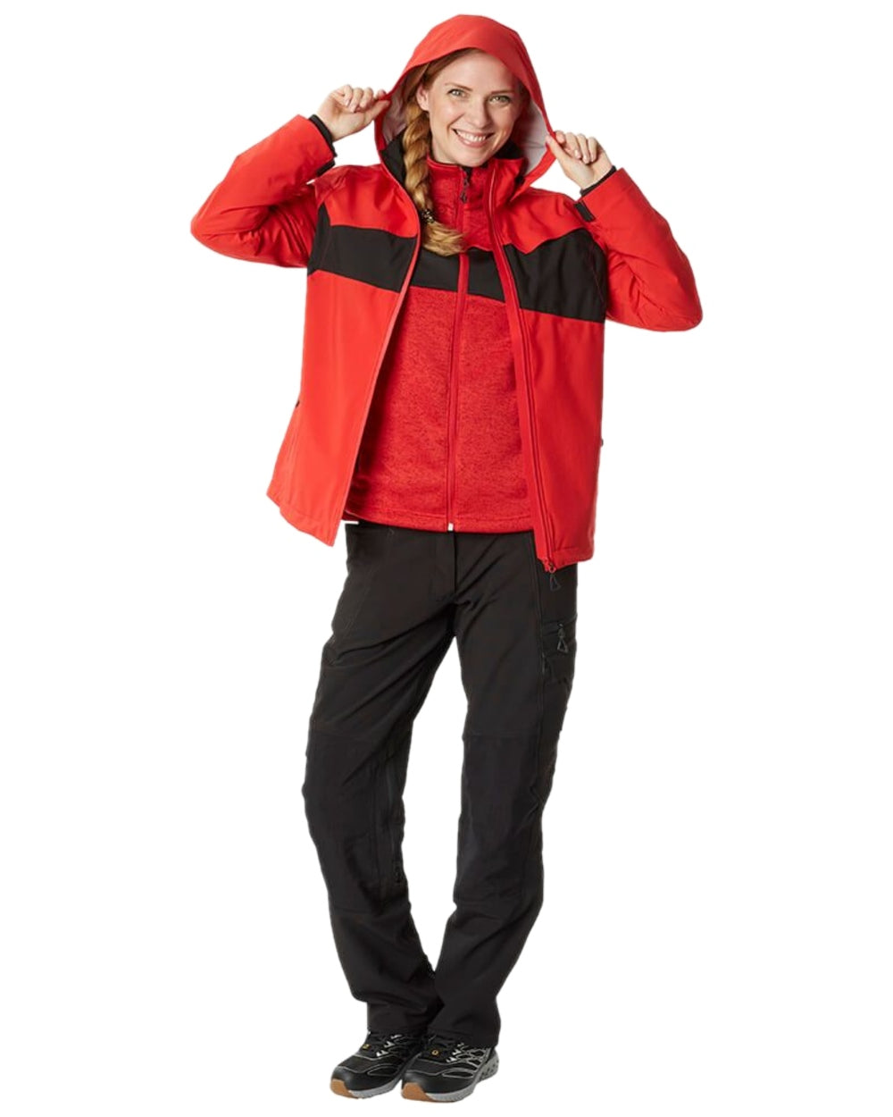 Traffic Red Black Coloured Mascot Workwear Womens Accelerate Outer Shell Jacket on white background 