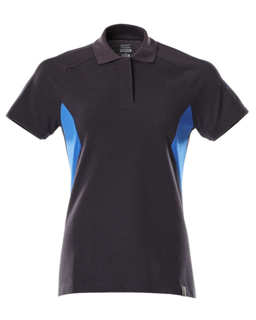 Dark Navy Azure Blue Coloured Mascot Workwear Womens Accelerate Polo Shirt on white background 