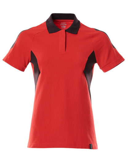 Traffic Red Black Coloured Mascot Workwear Womens Accelerate Polo Shirt on white background 