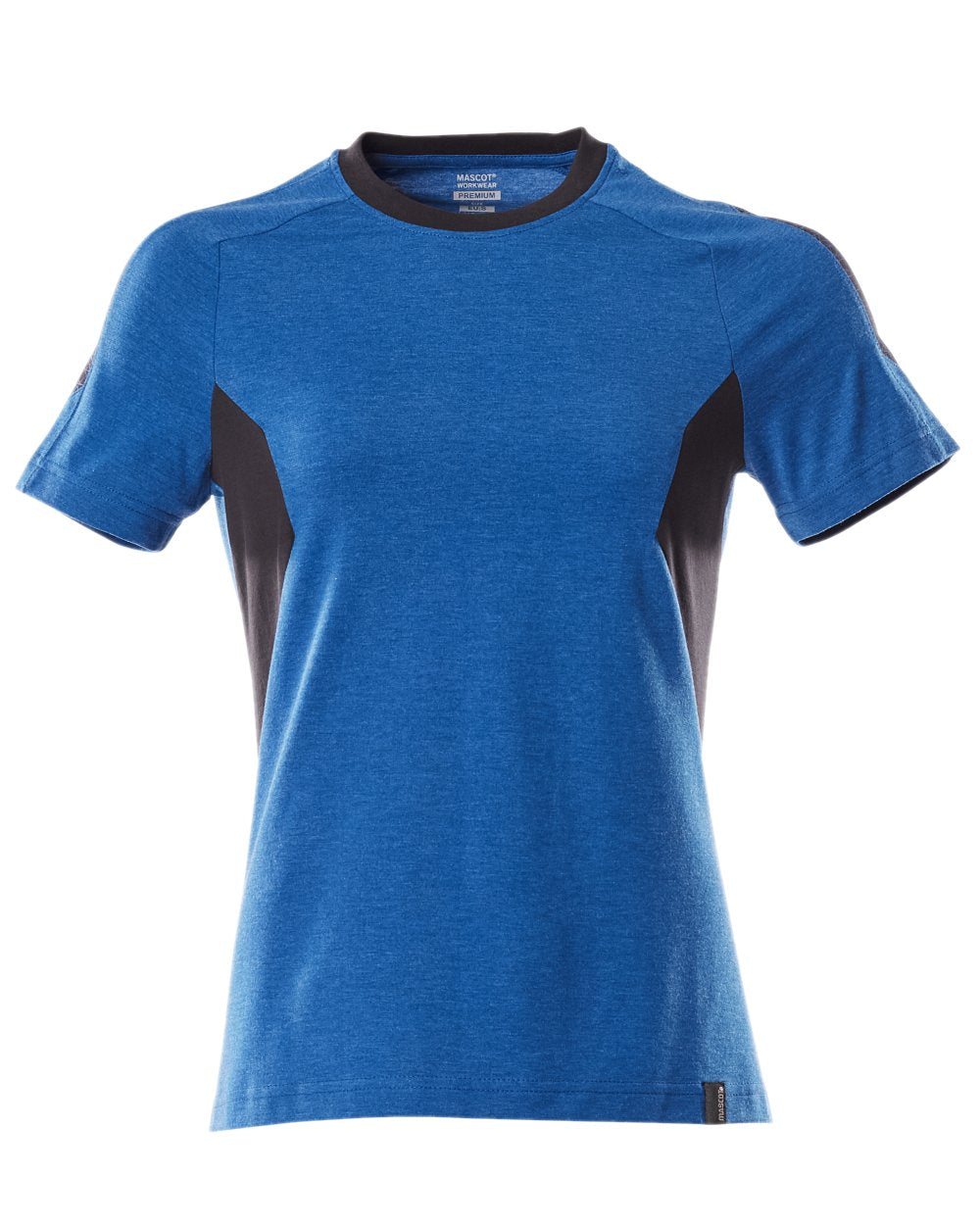 Azure Blue Dark Navy Coloured Mascot Workwear Womens Accelerate Round Neck T-Shirt on white background 