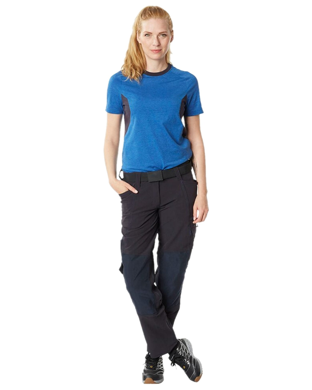 Azure Blue Dark Navy Coloured Mascot Workwear Womens Accelerate Round Neck T-Shirt on white background 