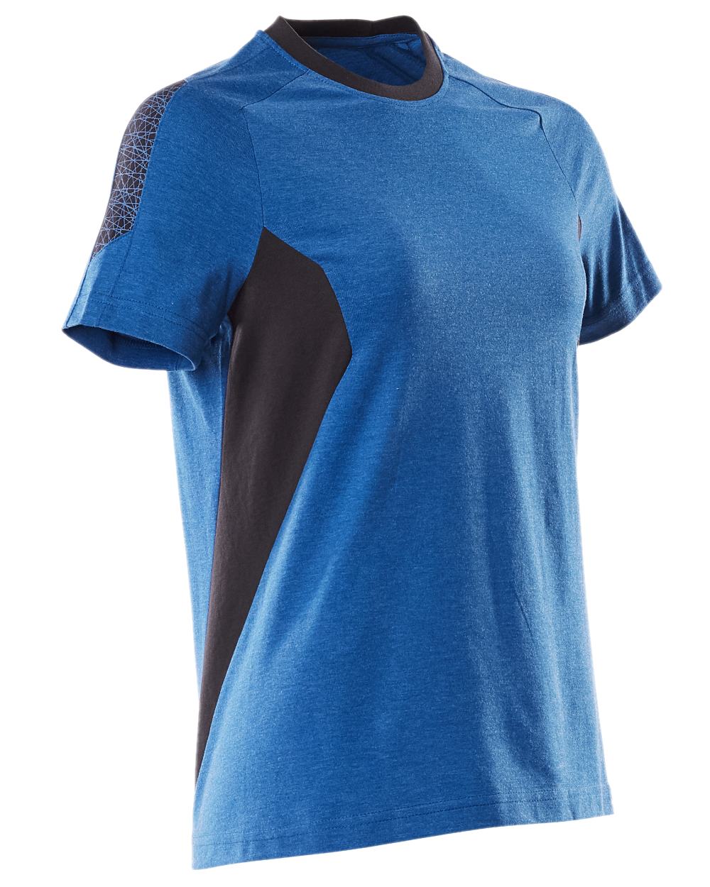 Azure Blue Dark Navy Coloured Mascot Workwear Womens Accelerate Round Neck T-Shirt on white background 