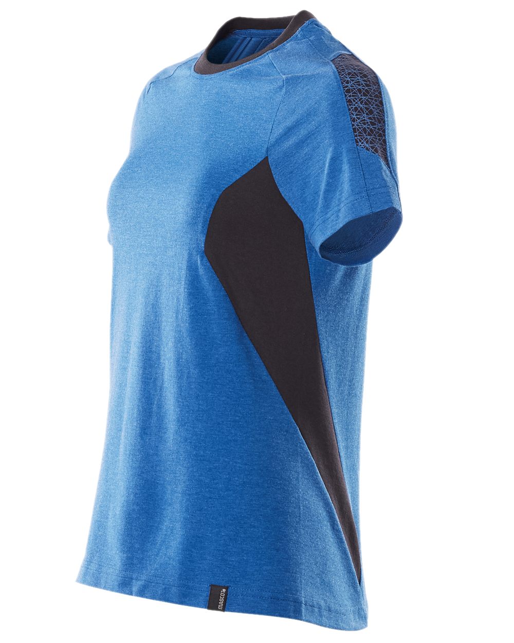 Azure Blue Dark Navy Coloured Mascot Workwear Womens Accelerate Round Neck T-Shirt on white background 