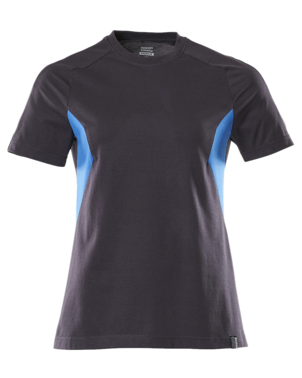 Dark Navy Azure Blue Coloured Mascot Workwear Womens Accelerate Round Neck T-Shirt on white background 