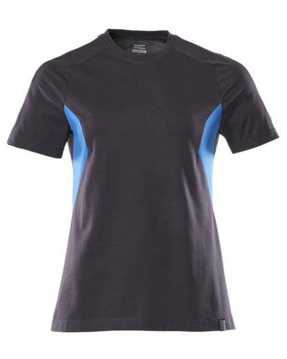 Dark Navy Azure Blue Coloured Mascot Workwear Womens Accelerate Round Neck T-Shirt on white background 