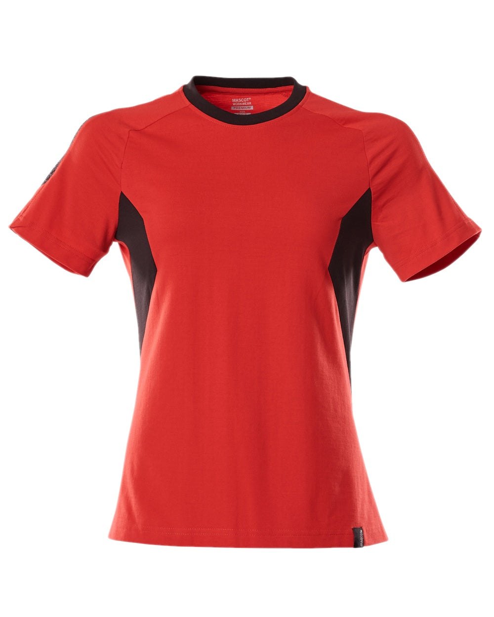 Traffic Red Black Coloured Mascot Workwear Womens Accelerate Round Neck T-Shirt on white background 