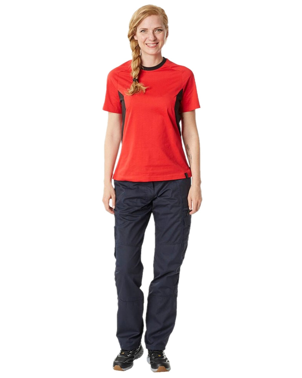 Traffic Red Black Coloured Mascot Workwear Womens Accelerate Round Neck T-Shirt on white background 