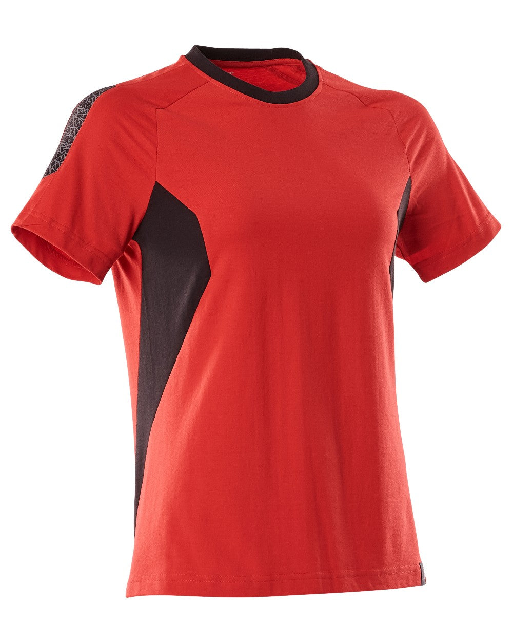 Traffic Red Black Coloured Mascot Workwear Womens Accelerate Round Neck T-Shirt on white background 