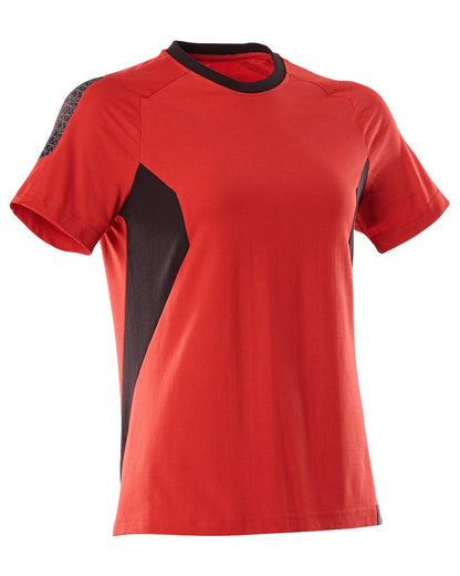 Traffic Red Black Coloured Mascot Workwear Womens Accelerate Round Neck T-Shirt on white background 