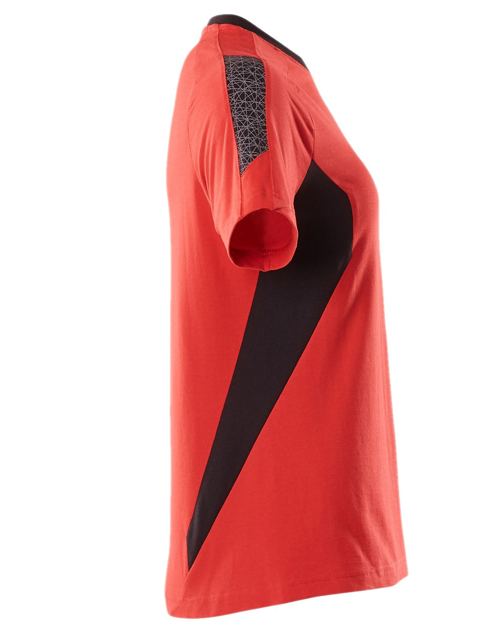 Traffic Red Black Coloured Mascot Workwear Womens Accelerate Round Neck T-Shirt on white background 