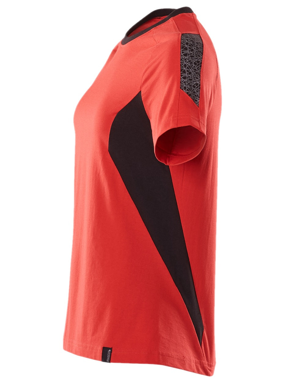 Traffic Red Black Coloured Mascot Workwear Womens Accelerate Round Neck T-Shirt on white background 