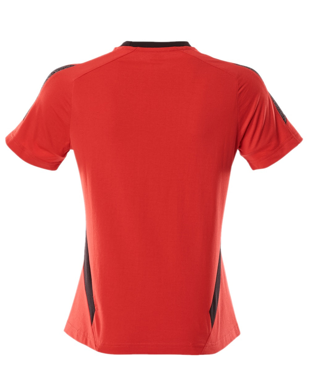 Traffic Red Black Coloured Mascot Workwear Womens Accelerate Round Neck T-Shirt on white background 
