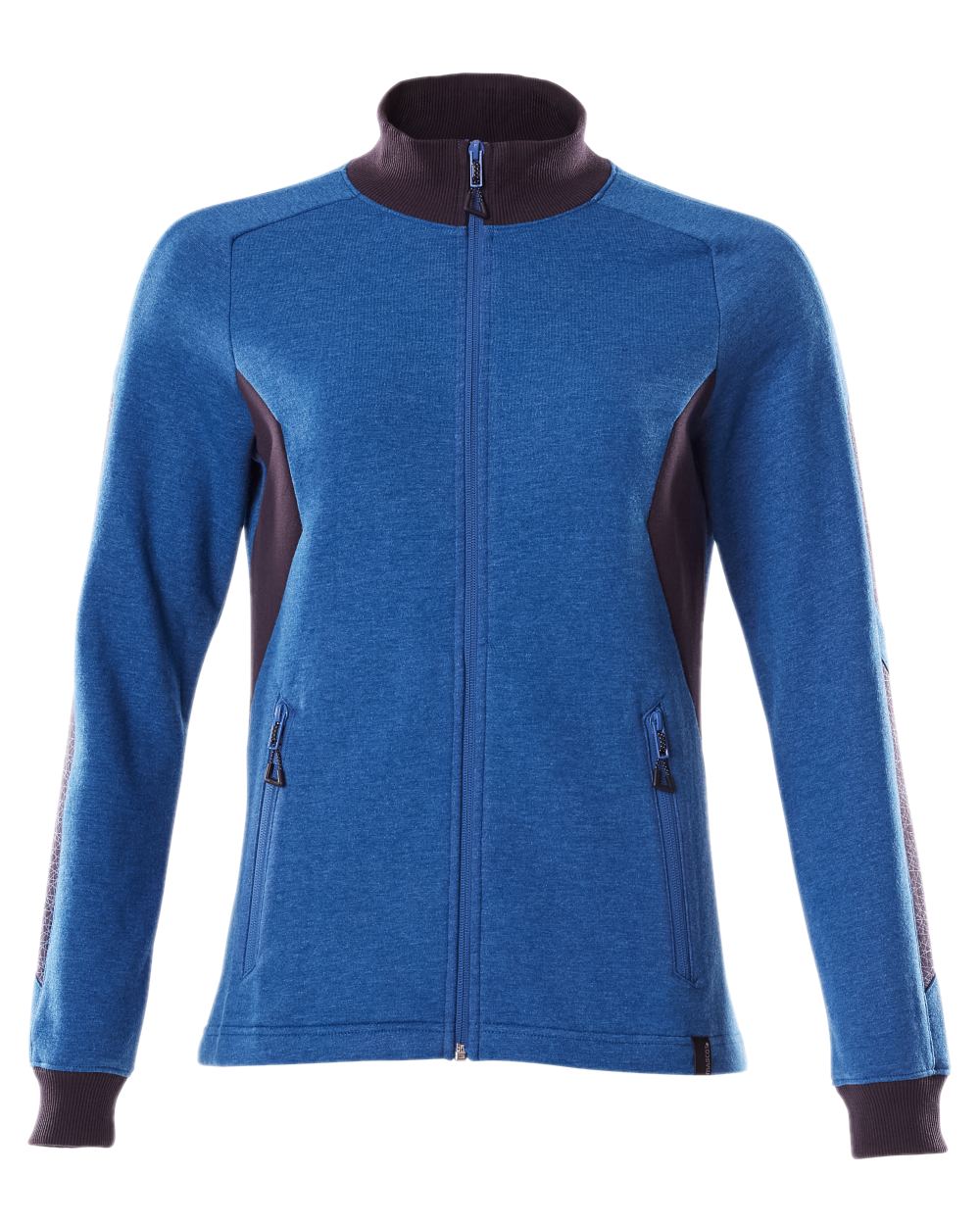 Azure Blue Dark Navy Coloured Mascot Workwear Womens Accelerate Sweatshirt With Zipper on white background 