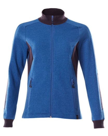 Azure Blue Dark Navy Coloured Mascot Workwear Womens Accelerate Sweatshirt With Zipper on white background 