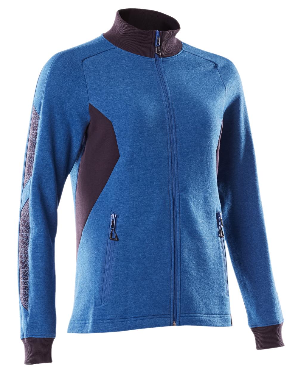 Azure Blue Dark Navy Coloured Mascot Workwear Womens Accelerate Sweatshirt With Zipper on white background 
