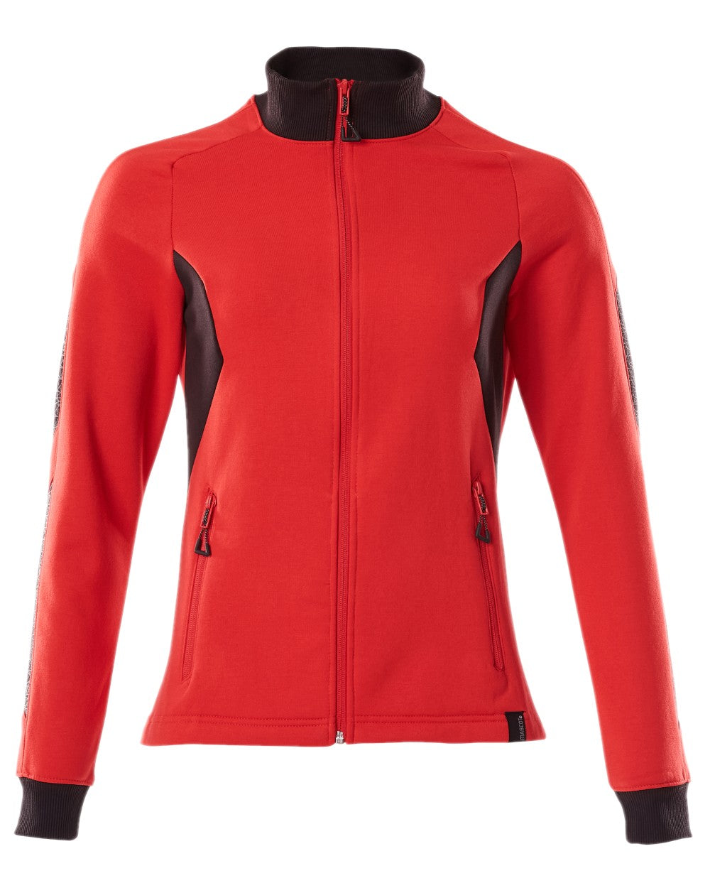 Traffic Red Black Coloured Mascot Workwear Womens Accelerate Sweatshirt With Zipper on white background 