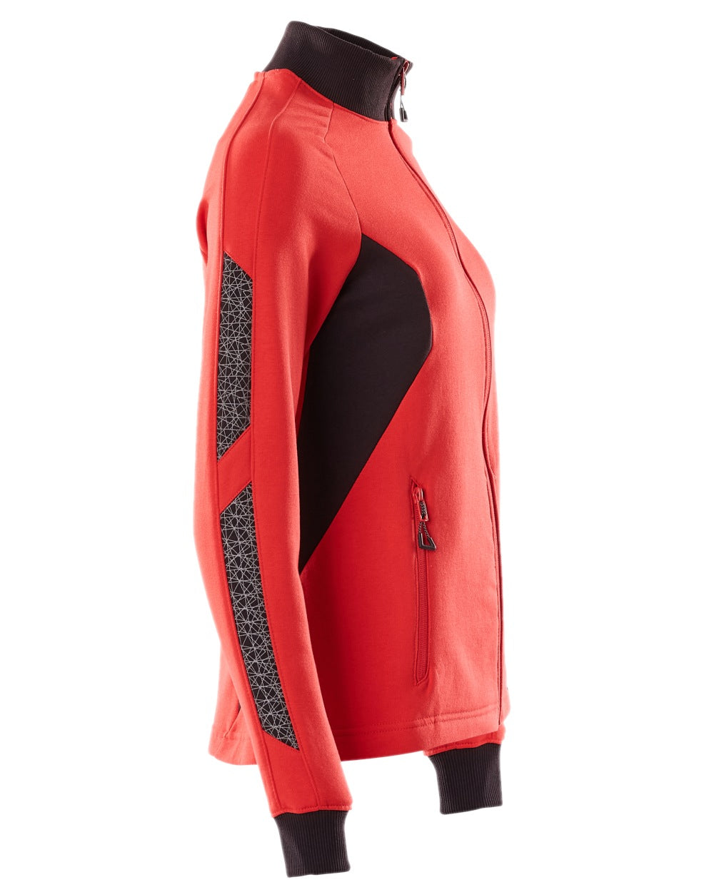 Traffic Red Black Coloured Mascot Workwear Womens Accelerate Sweatshirt With Zipper on white background 