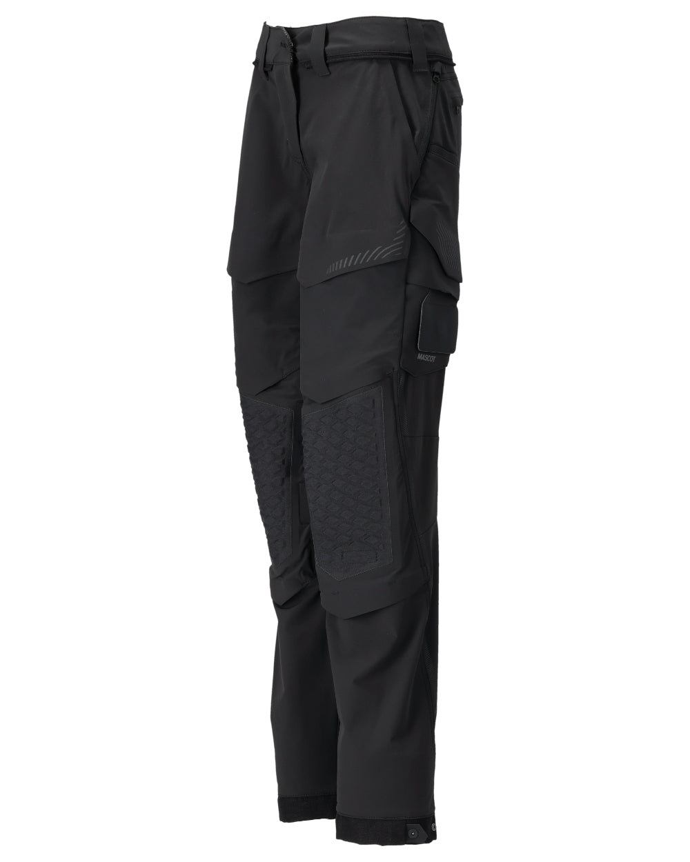 Black Coloured Mascot Workwear Womens Customized Diamond Fit Trousers With Kneepad Pockets on white background 