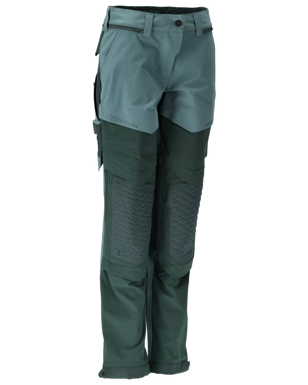 Light Forest Green Coloured Mascot Workwear Womens Customized Diamond Fit Trousers With Kneepad Pockets on white background 